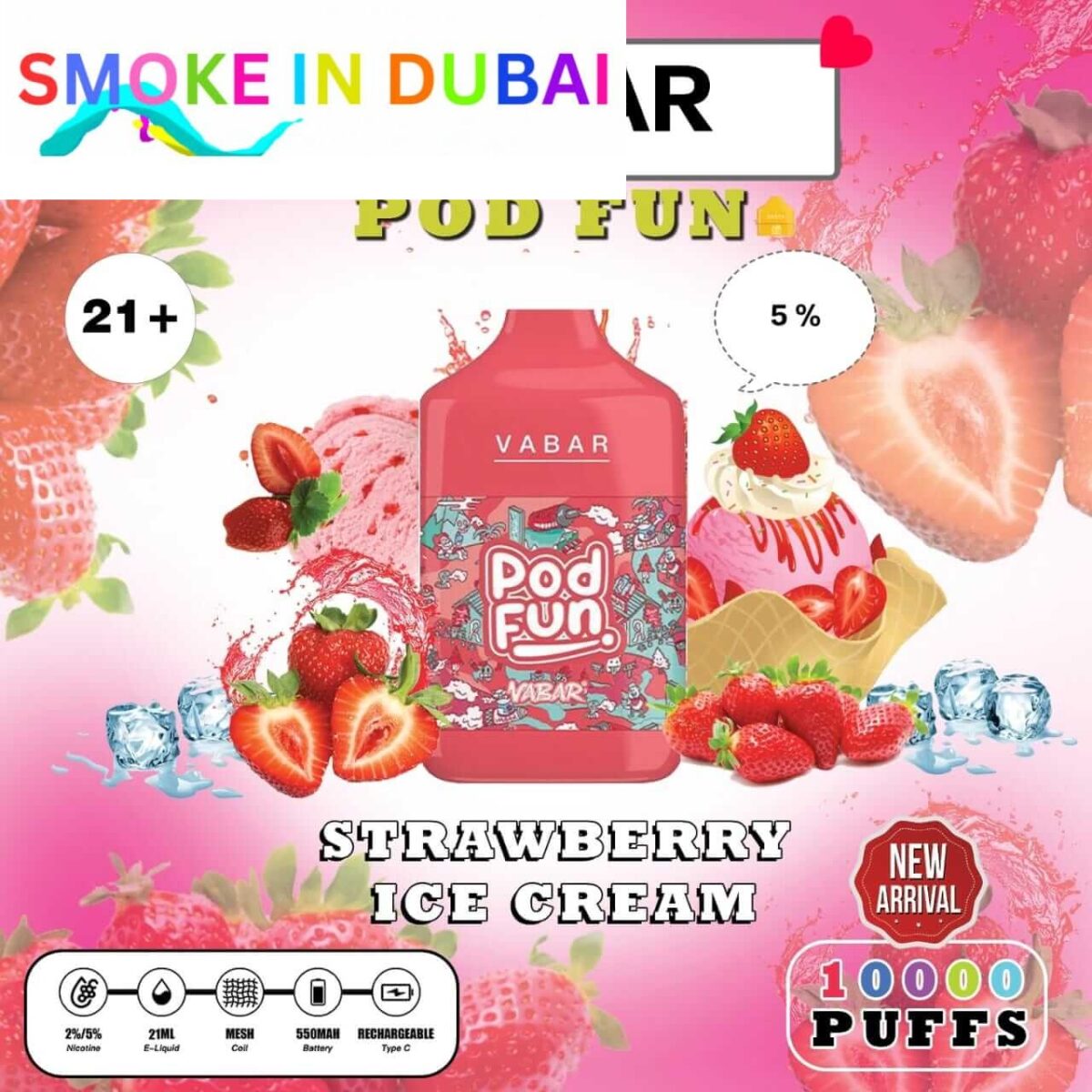 smokeindubai STRAWBERRY ICE CREAM Buy VABAR Pod Fun Disposable 10000Puffs Rechargeable vape in UAE VABER 10000Puffs VABER Pod Fun 10000 Vape Shop Near me Dubai