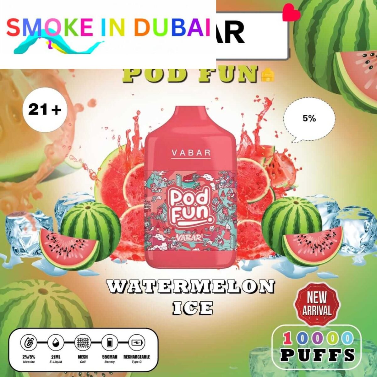 smokeindubai WATERMELON ICE Buy VABAR Pod Fun Disposable 10000Puffs Rechargeable vape in UAE VABER 10000Puffs VABER Pod Fun 10000 Vape Shop Near me Dubai