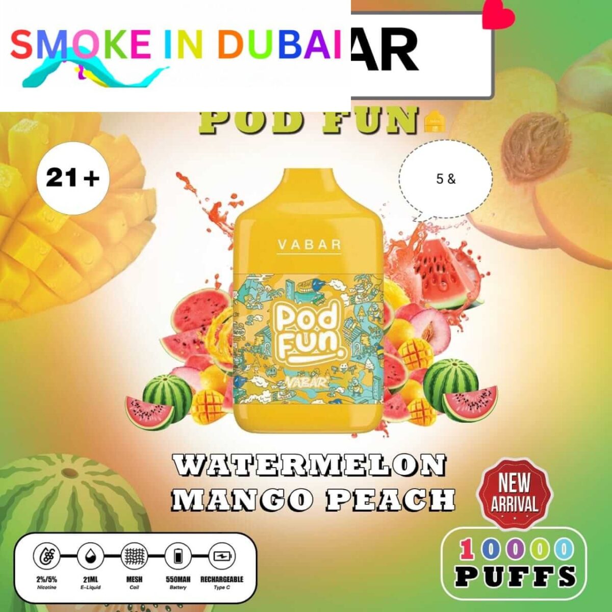 smokeindubai WATERMELON MANGO PEACH Buy VABAR Pod Fun Disposable 10000Puffs Rechargeable vape in UAE VABER 10000Puffs VABER Pod Fun 10000 Vape Shop Near me Dubai