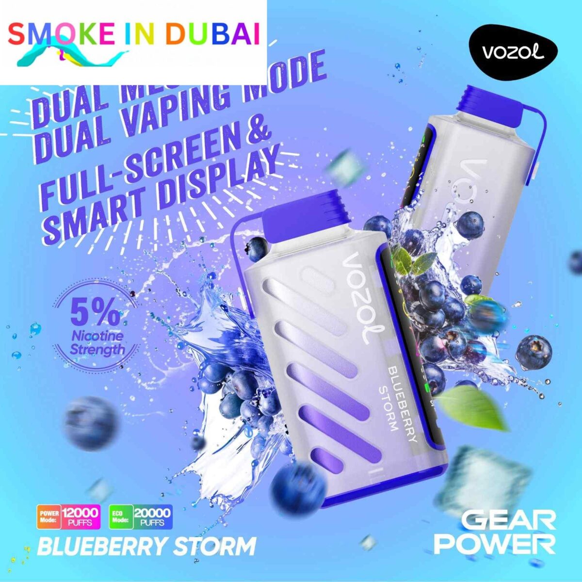 smokeindubai vozol gear power 20000 puffs price in dubai BLUEBERRY STORM