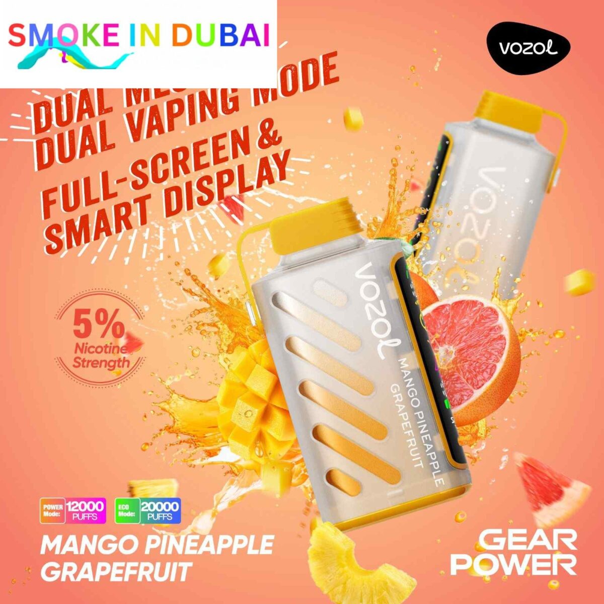 smokeindubai vozol gear power 20000 puffs price in dubai MANGO PINEAPPLE GRAPEFRUIT