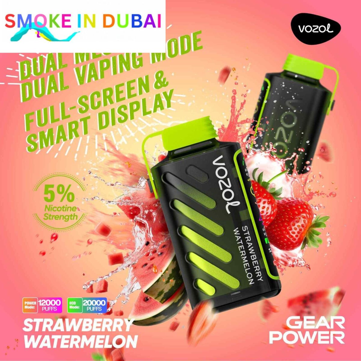 smokeindubai vozol gear power 20000 puffs price in dubai STRAWBERRY WATERMELON